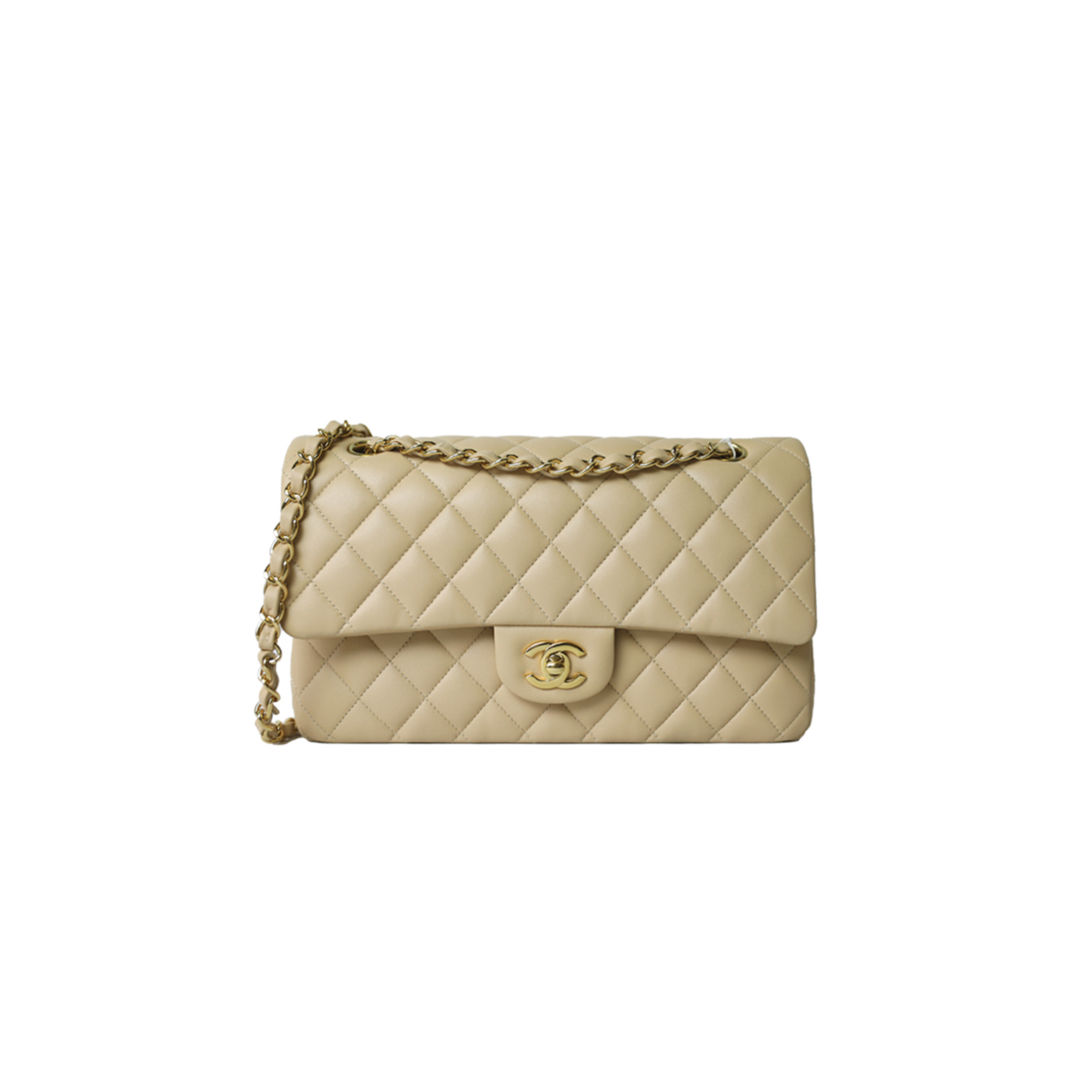 CHANEL CLASSIC MEDIUM, BEIGE CLAIR LAMBSKIN WITH GOLD HARDWARE AS1112 (25.5*15*7cm)